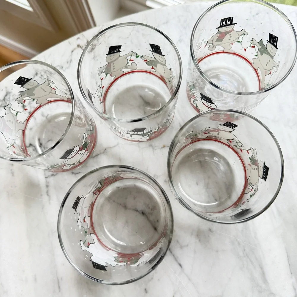VTG Libbey Dancing Snowmen Christmas Glasses Set 5 Holiday Barware Rocks Glass
